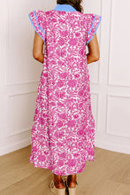 Green Floral Print Color Block Patchwork V Neck Short Sleeve Midi Dress