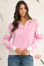 Sky Blue Striped V Neck Collared Colorblock Patchwork Sweater