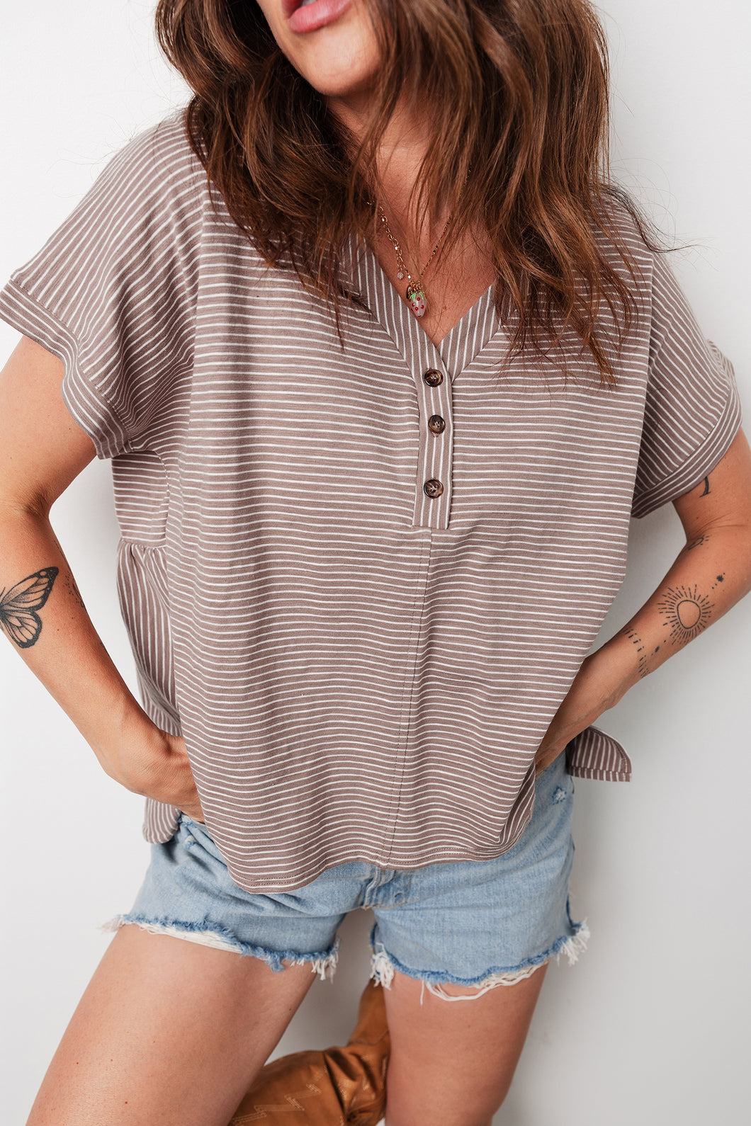 Khaki Stripe Buttoned V Neck High Low Side Slit T Shirt