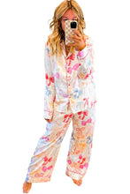 White Bow Print Lapel Collar Wide Leg Satin Pajama Set