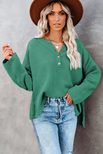 Green Henley Pullover Drop Shoulder Long Sleeve Knit Sweater