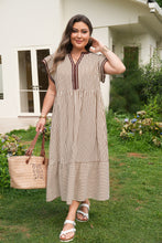 Black Stripe Plus Size Slit V Neck Tiered Flutter Sleeve Maxi Dress