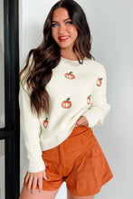 Beige Pumpkin Embroidered Halloween Thanksgiving Festival Sweater