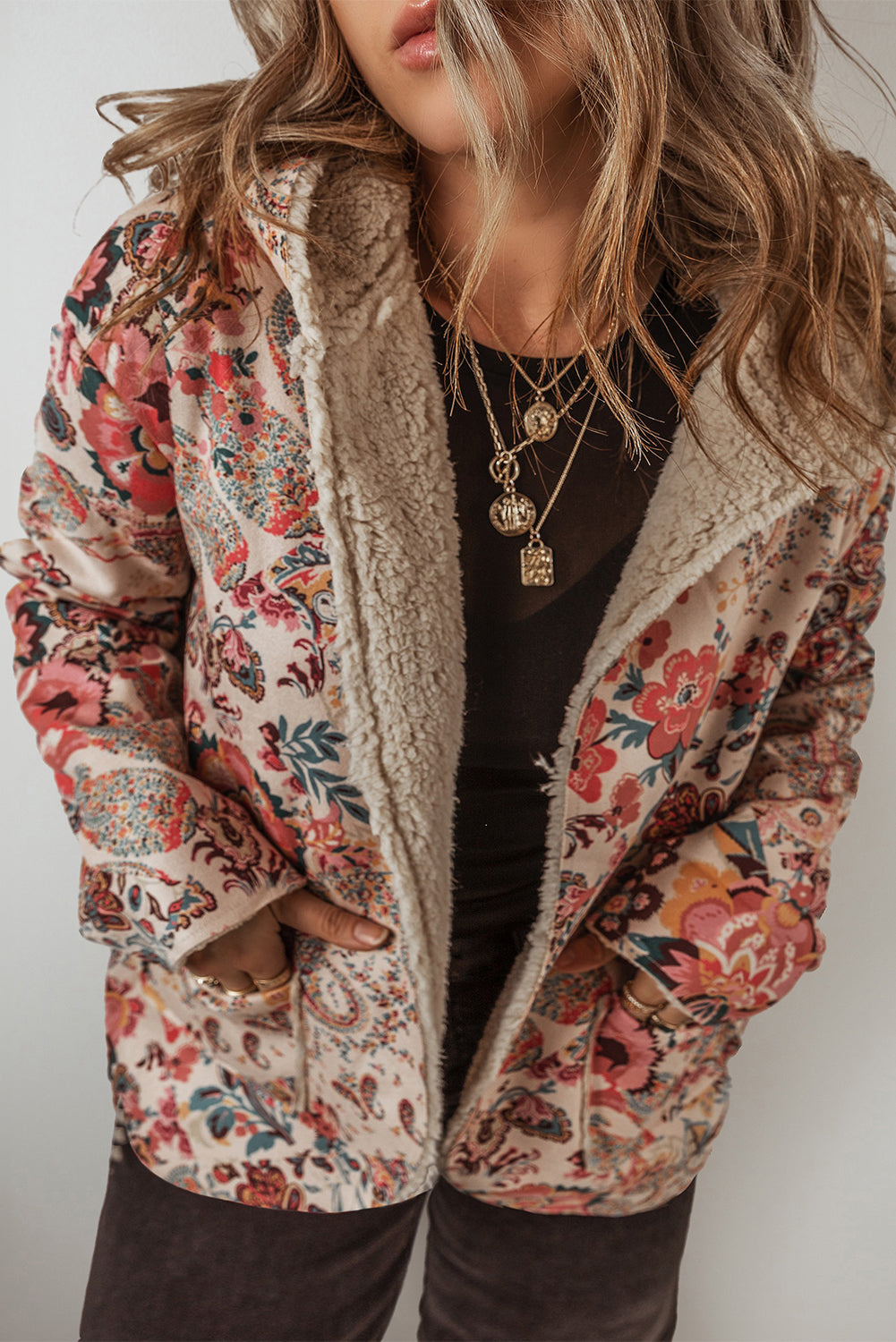 ジャケット・アウター vintage high neck outer jacket Beige Vintage Paisley Floral Printed Sherpa Lined Hooded Jacket