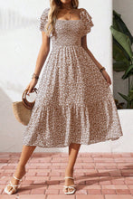 Beige Ditsy Floral Print Smocked Square Neck Ruffle Short Sleeve Dress