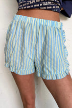 Sky Blue Stripe Elastic Waist Ruffle Trim Casual Shorts