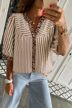 Pink Stripe Leopard Trim V Neck Button Down Half Sleeve Shirt