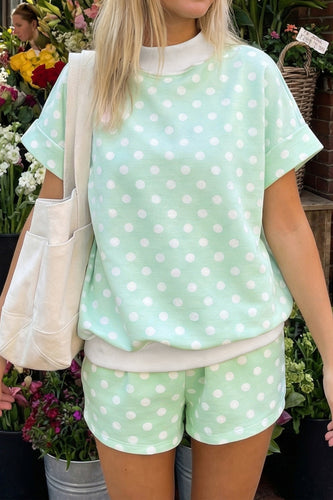 Green Polka Dot Print Color Block Trim Mock Neck Short Set
