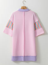 Pink Rainbow Stripe Henley Collar Patchwork Mini Dress