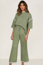 Guacamole Green Loose Contrast Trim Half Sleeve Top and Drawstring Pants Set