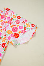 White Floral Print Split V Neck Flounce Sleeve Plus Size Blouse