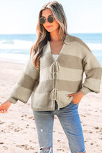 Khaki Striped Colorblock Bow Tie Front Knit Cardigan