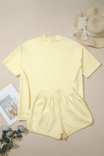 Yellow Cream Solid Color Exposed Seam Mock Neck Oversize Tee Casual Shorts 2pcs Outfit