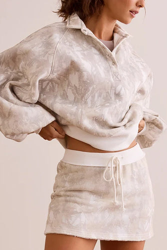 White Abstract Woodland Print Balloon Sleeve Pullover Drawstring Mini Skort Set
