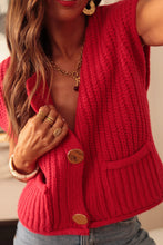 Fiery Red Solid Textured Knit Side Pockets Buttoned Sweater Vest