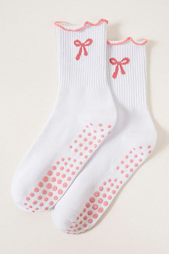 White Bow Print Non-Slip Ruffle Grip Socks