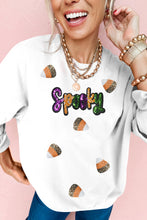White Sequin Spooky Halloween Spirit Print Casual Sweatshirt