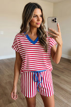 Red Stripe Colorblock Trim V Neck Tee Drawstring Elastic Waist Short Set
