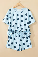 Sky Blue Polka Dot Print Loose Tee Drawstring Elastic Waist Short Set