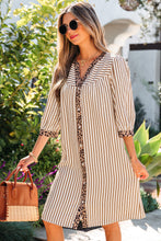 Khaki Stripe Square Button Leopard Trim Loose Bracelet Sleeve Shirt Dress