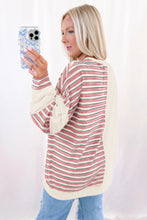 Khaki Striped Patchwork Oversized Pullover Top