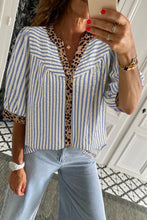 Pink Stripe Leopard Trim V Neck Button Down Half Sleeve Shirt