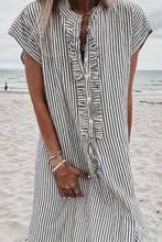 Black Stripe Frilled Detail Half Buttons Short Sleeve Long Dress