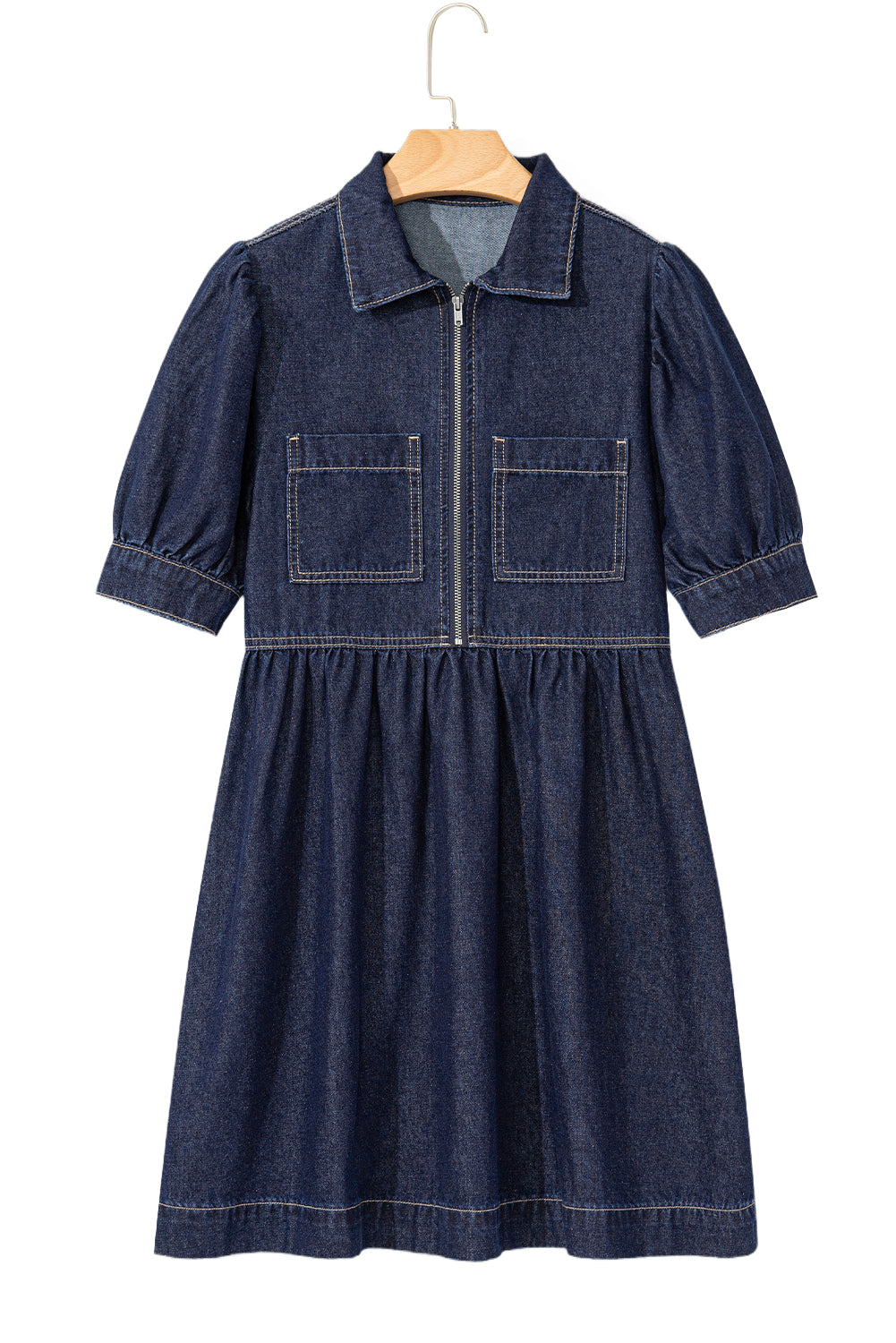 Dirty Blue Puff Sleeve Half Zipper Denim Flowy Dress Dirty Blue Puff Sleeve Half Zipper Denim Flowy Dress