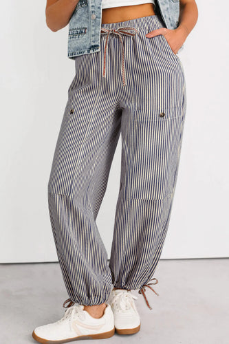 Khaki Stripe Button Patch Pocket Drawstring Elastic Waist Loose Pants