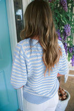 Sky Blue Stripe Short Sleeve Knit V Neck Bow Knot Sweater