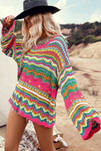 Rose Red Colorblock Striped Hollowed Knit Loose Sweater