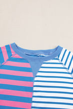 Blue Stripe Contrast Colorblock Oversized T Shirt