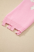 Pink Bow Pattern Pearl Embellished Raw Hem Sweater