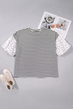Black Stripe Plus Size Striped Short Sleeve Top with Floral Puff Sleeves