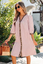 Khaki Stripe Square Button Leopard Trim Loose Bracelet Sleeve Shirt Dress