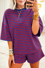 Blue Stripe Striped Ribbed Cotton Two-Piece Short Set with Chest Patch Detail