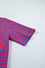 Blue Stripe Striped Ribbed Cotton Two-Piece Short Set with Chest Patch Detail