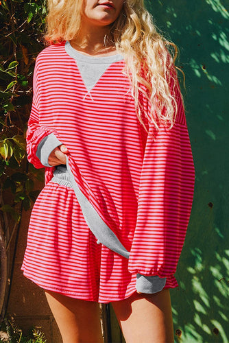Red Striped Drop Shoulder Baggy Pullover and Shorts Casual Set