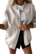 Beige Baseball Collar Snap Button Pocketed Bomber Jacket