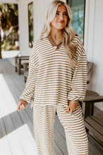 Khaki Stripe Textured Collared Pullover Top and Drawstring Pants Set