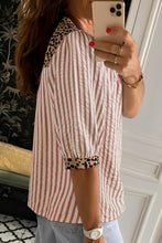 Pink Stripe Leopard Trim V Neck Button Down Half Sleeve Shirt