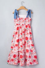 Yellow Floral Print Contrast Stitched Knot Denim Straps High Waist Dress
