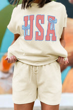 Apricot Patriotic USA Letter Print Textured Short Sleeve Top Drawstring Two Piece Set