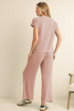 Blue Solid Corded Short Sleeve T Shirt and Wide Leg Pants Set