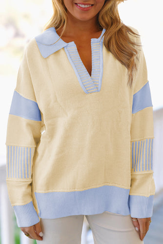 Sky Blue Striped V Neck Collared Colorblock Patchwork Sweater