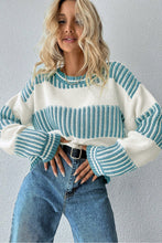 Light Blue Two Tone Striped Patchwork Drop Shoulder Sweater