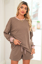 Sky Blue Checkerboard Contrast Trim Long Sleeve Pullover and Shorts Set