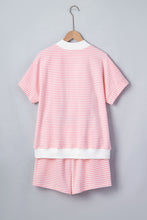 Pink Stripe Cuffed Sleeve Contrast Mock Neck Tee Casual 2pcs Short Set