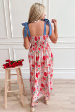 Yellow Floral Print Contrast Stitched Knot Denim Straps High Waist Dress