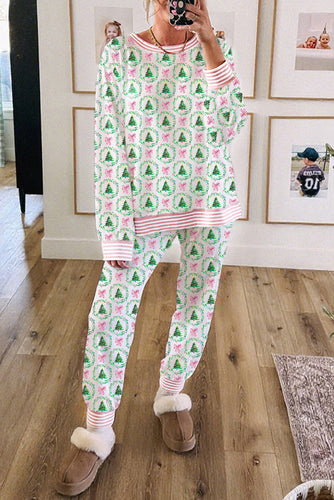 Green Bow Christmas Tree Print Contrast Striped Trim 2pcs Lounge Set